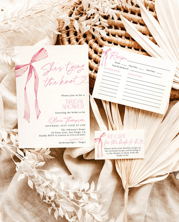 Bow Bridal Shower Invite | Pink Bow Bridal Shower | Bridal Shower Bundle | Recipe Card | Pink Ribbon, Minimalist Bridal Shower Invite | B4