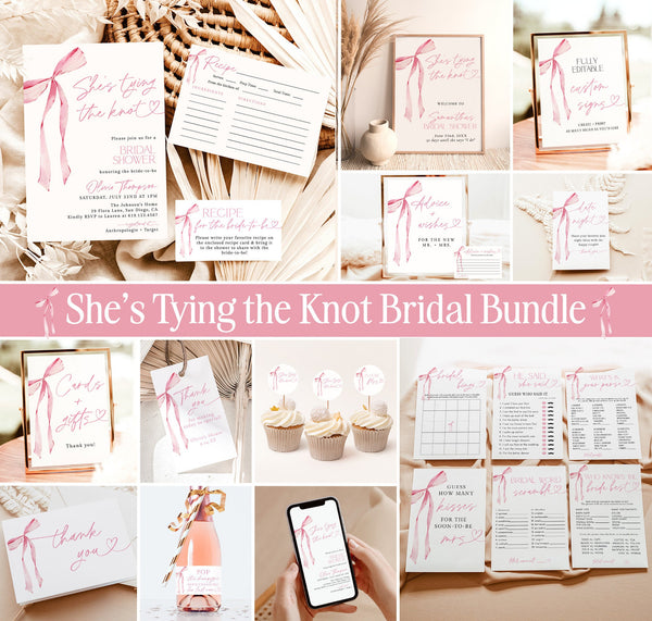 She's Tying the Knot Bridal Shower Bundle | Bow Bridal Shower Invite Bundle | Minimalist Pink Bow Bridal Shower Games, Editable Template, B4