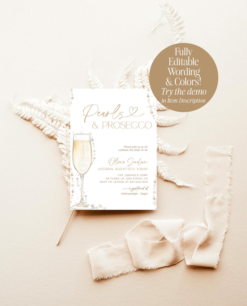 Pearls and Prosecco Bridal Shower Invitation | Brunch & Bubbly Invite | Pearl Necklace Prosecco Bridal Shower Invite | Editable Template, P1