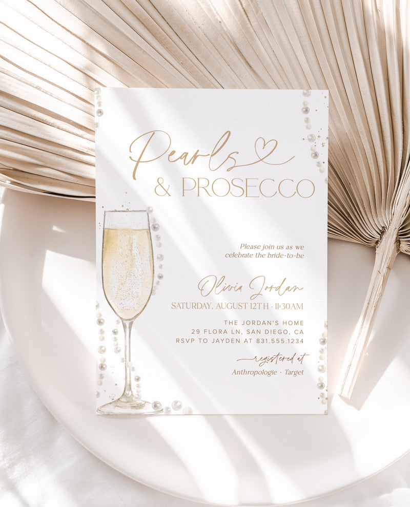 Pearls and Prosecco Bridal Shower Invitation | Brunch & Bubbly Invite | Pearl Necklace Prosecco Bridal Shower Invite | Editable Template, P1