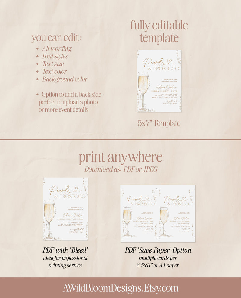 Pearls and Prosecco Bridal Shower Invitation | Brunch & Bubbly Invite | Pearl Necklace Prosecco Bridal Shower Invite | Editable Template, P1