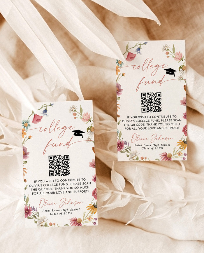 Wildflower College Fund Card | QR Code College Fund Graduation | College Fund Graduation Card | Floral Graduation Party Editable Template W1