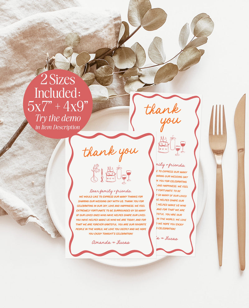 Wedding Thank You Letter, Colorful Wedding Napkin Note, Wedding Menu Thank You, Hand Drawn Place Setting Thank You, Editable Template, H1