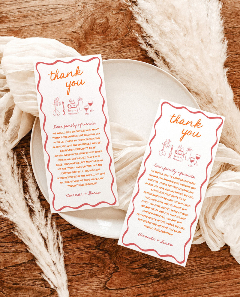 Wedding Thank You Letter, Colorful Wedding Napkin Note, Wedding Menu Thank You, Hand Drawn Place Setting Thank You, Editable Template, H1