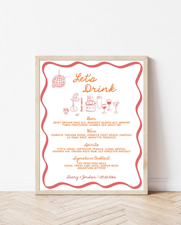 Wedding Bar Sign, Colorful Wedding Bar Menu, Wedding Drink Sign, Modern Drink Menu Sign, Hand Drawn Wedding Bar Menu, Editable Template, H1