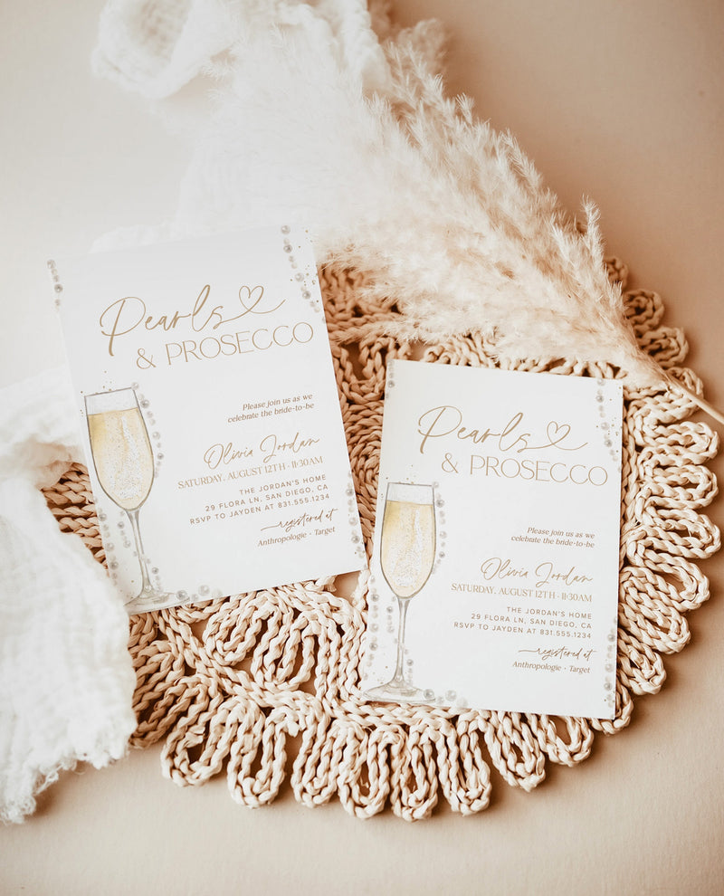 Pearls and Prosecco Bridal Shower Invitation | Brunch & Bubbly Invite | Pearl Necklace Prosecco Bridal Shower Invite | Editable Template, P1