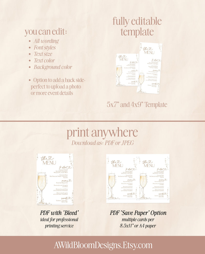 Pearls and Prosecco Bridal Shower Menu Template | Brunch & Bubbly Bridal Shower Menu | Bridal Baby Shower Food Menu | Editable Template | P1