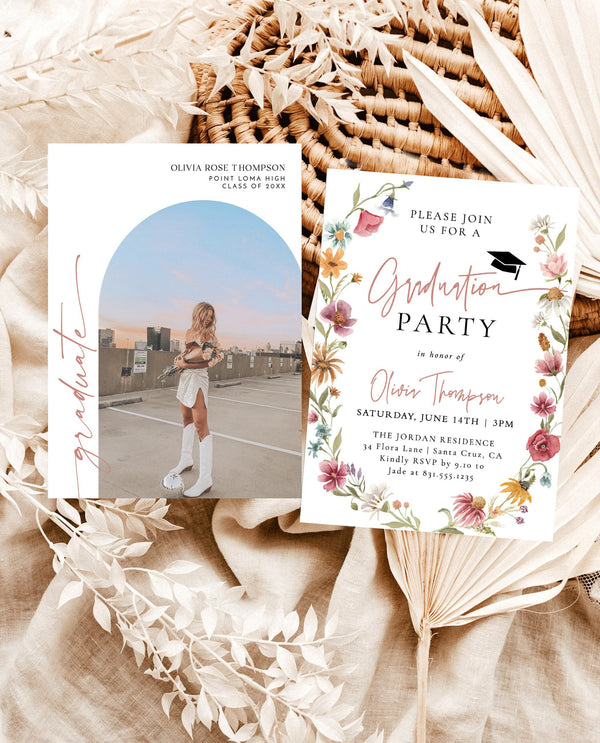 Wildflower Graduation Party Invite Template | Graduation Announcement | Modern Floral Graduation Party Invite | Photo Graduation Invite | W1