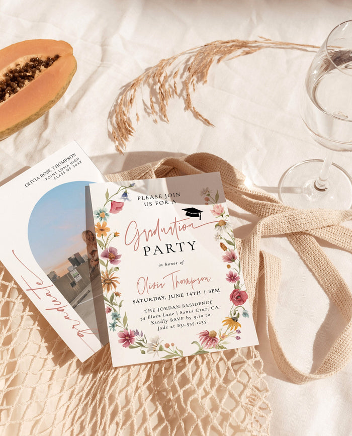 Wildflower Graduation Party Invite Template | Graduation Announcement | Modern Floral Graduation Party Invite | Photo Graduation Invite | W1