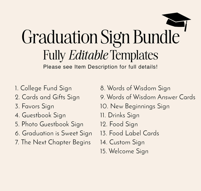 Graduation Party Sign Bundle | Modern Minimalist Graduation Table Signs | Graduation Welcome Sign | Graduation Decor | Editable Template M9