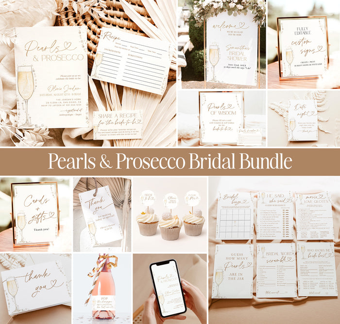 Pearls & Prosecco Bridal Shower Invite Bundle, Pearls and Prosecco Bridal Shower, Gold Pearls and Prosecco Game Bundle, Editable Template P1