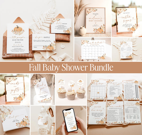 Fall Baby Shower Invitation Bundle, Pumpkin Baby Shower Invite, Boho Baby Shower Invite, A Little Pumpkin is on the Way Girl Invite, F3