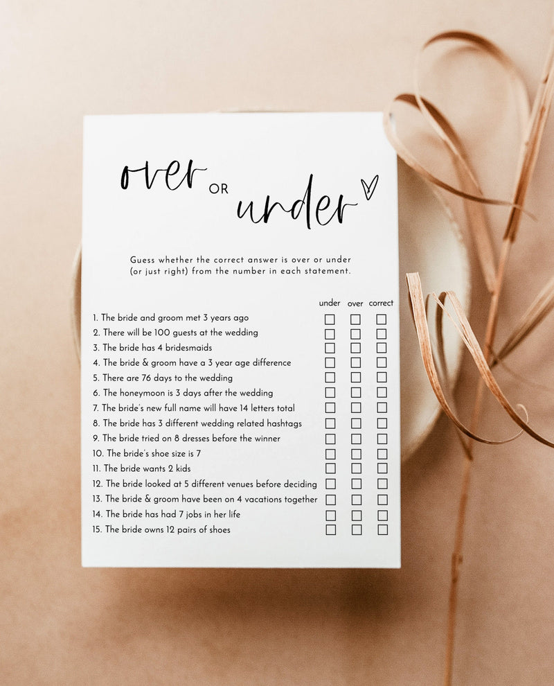 Over or Under Bridal Shower Game, Minimalist Bridal Shower, Modern Bri ...