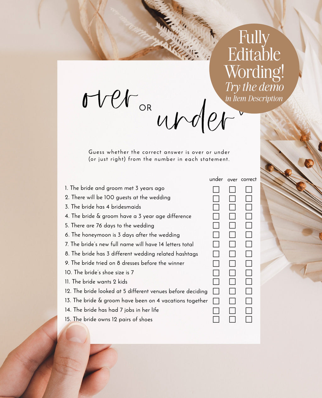 Over or Under Bridal Shower Game, Minimalist Bridal Shower, Modern Bri ...
