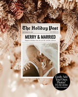 Newspaper Christmas Card Template, Merry & Married, Modern Wedding Thank You Card, Wedding Photo Thank You Card, Newspaper Holiday Card, N2