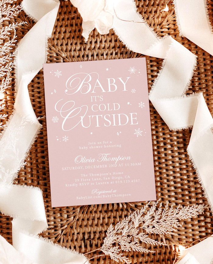 Baby It's Cold Outside Baby Shower Invitation, Winter Baby Shower Invite Template, Modern Pink Girl Baby Shower, Winter Wonderland, W2
