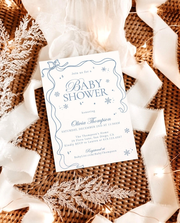 Winter Baby Shower Invite, A Little Snowflake is on the Way, Modern Boy Baby Shower, Winter Wonderland Shower, Editable Template W2