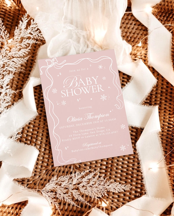 Winter Baby Shower Invite, Winter Wonderland Shower, A Little Snowflake is on the Way, Modern Pink Girl Baby Shower, Editable Template W2