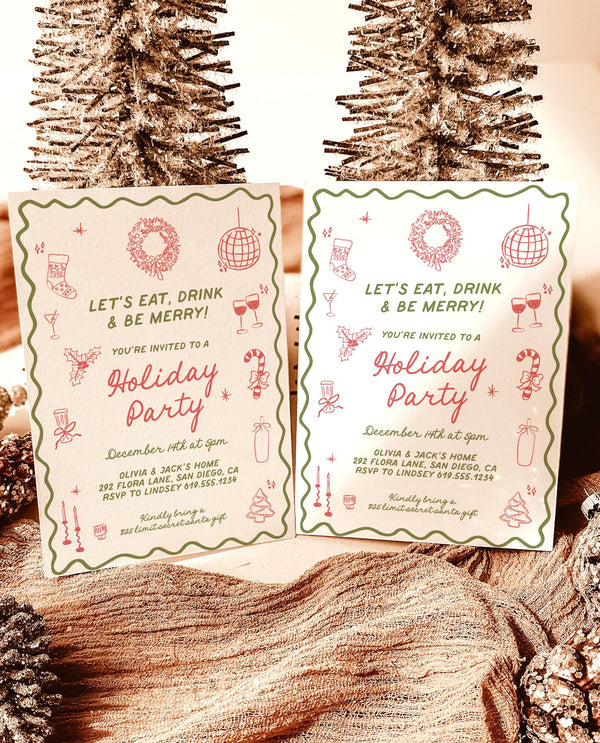 Holiday Party Invite, Hand Drawn Christmas Party, Christmas Dinner Party Invite, Merry & Bright Christmas Dinner Invite Editable Template H1