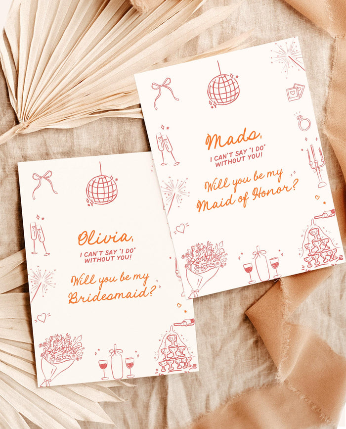 Bridesmaid Proposal Card, Hand Drawn Bridesmaid Proposal Card, Bow Bridesmaid Proposal Template,  Will You Be My Bridesmaid, Whimsical, H1