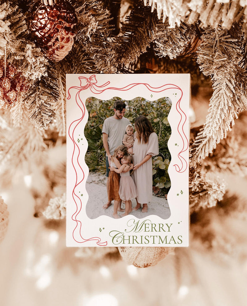 Christmas Card Template, Photo Christmas Card, Colorful Holiday Card, Family Christmas Card, Bow Holiday Card, Hand Drawn Merry Christmas H1