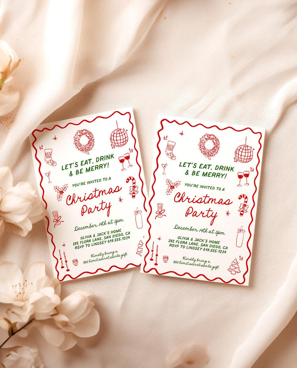 Christmas Dinner Party Invite, Hand Drawn Christmas Party, Holiday Party Invite, Merry & Bright Christmas Dinner Invite Editable Template H1