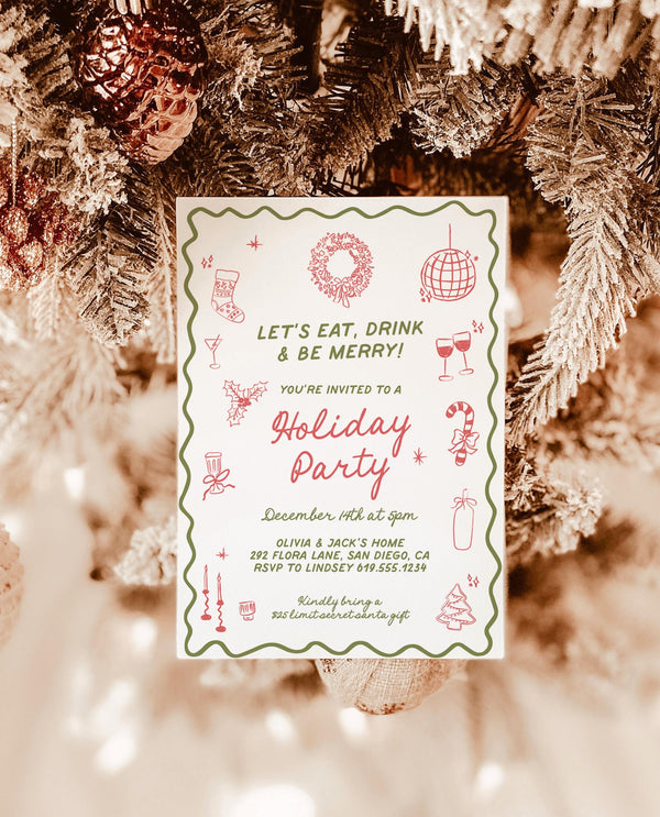 Holiday Party Invite, Hand Drawn Christmas Party, Christmas Dinner Party Invite, Merry & Bright Christmas Dinner Invite Editable Template H1