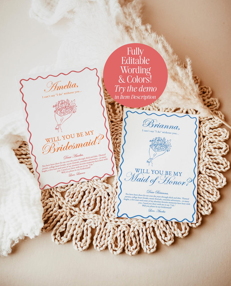 Bridesmaid Proposal Card Template, Bridesmaid Card, Will You Be My Bridesmaid, Wavy Border, Bow Proposal, Bouquet Bridesmaid Proposal, H1