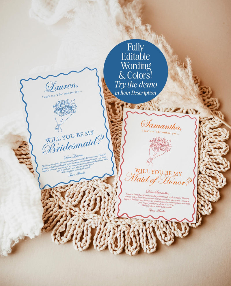 Bridesmaid Proposal Card Template, Bridesmaid Card, Will You Be My Bridesmaid, Wavy Border, Bow Proposal, Bouquet Bridesmaid Proposal, H1