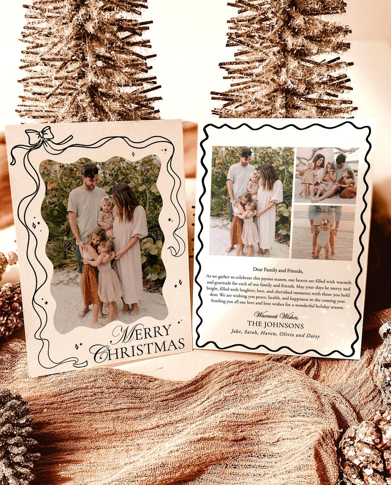 Christmas Card Template, Photo Christmas Card, Wavy Holiday Card, Family Christmas Card, Bow Holiday Card, Hand Drawn Merry Christmas, H1