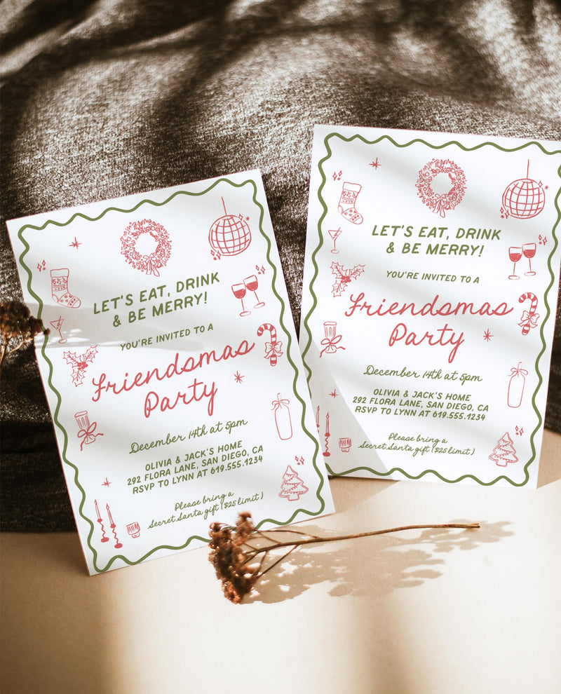 Friendsmas Christmas Party Invitation Template, Holiday Party Invite, Hand Drawn Christmas Dinner Party Invite, Merry & Bright Invite, H1