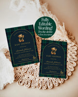 Classic Plaid Baby Shower Invitation Set Bear Dark Green Blue Plaid Shower Invites Vintage Baby Carriage Invite Bundle Editable Template P5
