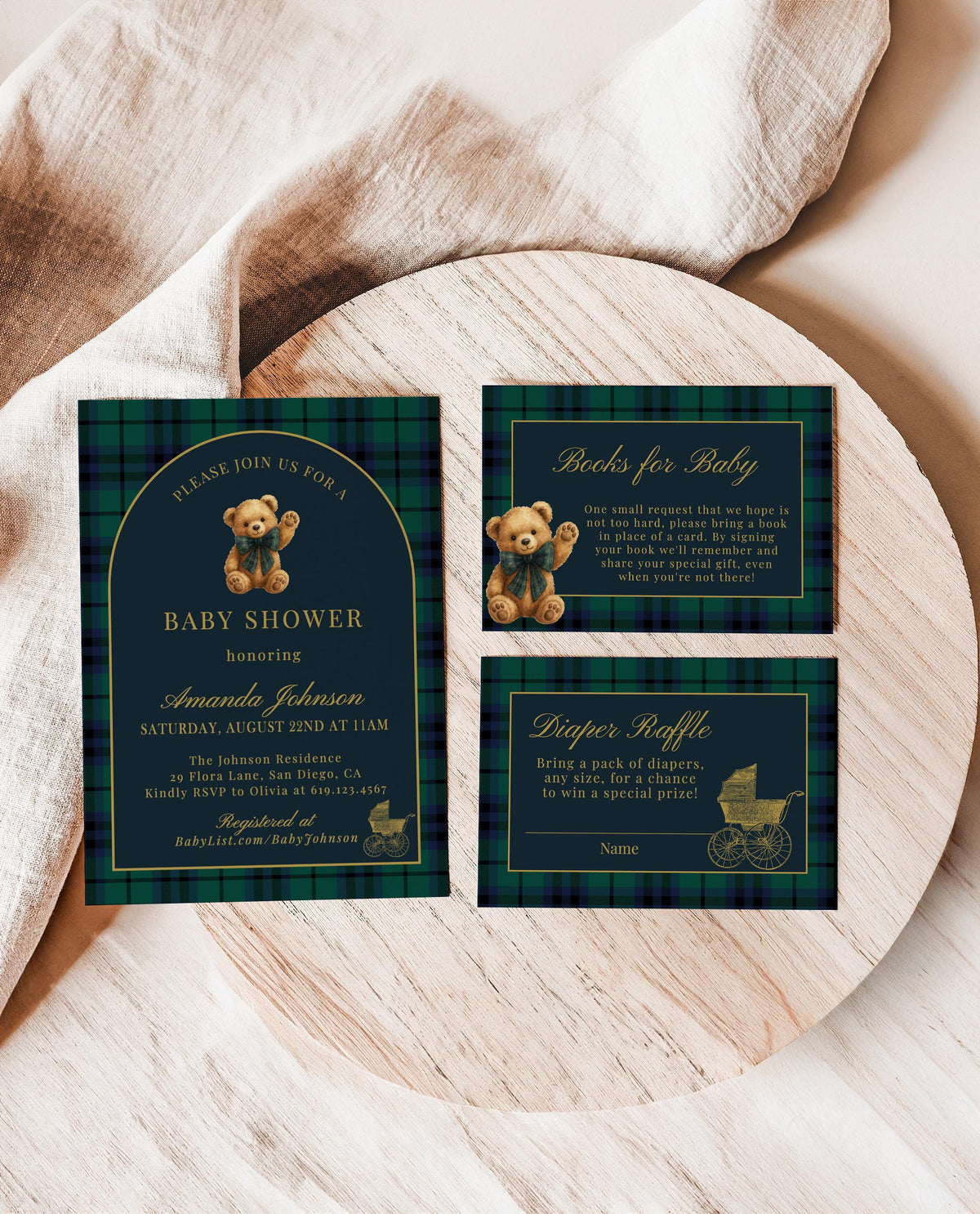 Classic Plaid Baby Shower Invitation Set Bear Dark Green Blue Plaid Shower Invites Vintage Baby Carriage Invite Bundle Editable Template P5