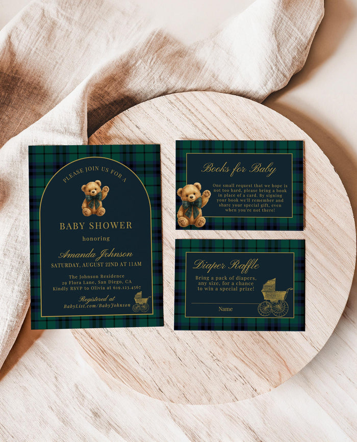 Classic Plaid Baby Shower Invitation Set Bear Dark Green Blue Plaid Shower Invites Vintage Baby Carriage Invite Bundle Editable Template P5