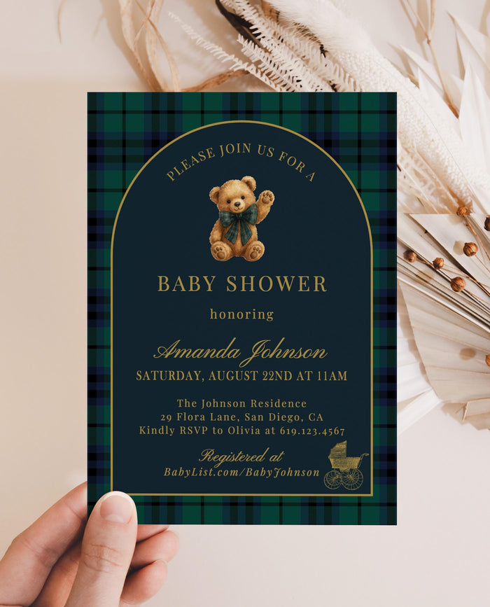 Classic Plaid Baby Shower Invitation, Bear Dark Green Blue Plaid Shower Invites, Vintage Baby Carriage Invite Bundle Editable Template P5