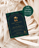 Classic Plaid Baby Shower Invitation, Bear Dark Green Blue Plaid Shower Invites, Vintage Baby Carriage Invite Bundle Editable Template P5