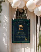 Classic Plaid Baby Shower Welcome Sign, Bear Dark Green Blue Plaid Shower, Vintage Baby Carriage, Polo Baby Shower, Editable Template P5
