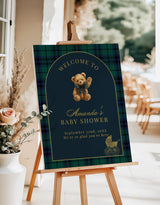 Classic Plaid Baby Shower Welcome Sign, Bear Dark Green Blue Plaid Shower, Vintage Baby Carriage, Polo Baby Shower, Editable Template P5