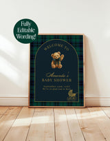Classic Plaid Baby Shower Welcome Sign, Bear Dark Green Blue Plaid Shower, Vintage Baby Carriage, Polo Baby Shower, Editable Template P5