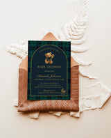 Classic Plaid Baby Shower Invitation Set Bear Dark Green Blue Plaid Shower Invites Vintage Baby Carriage Invite Bundle Editable Template P5