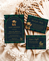 Classic Plaid Baby Shower Invitation Set Bear Dark Green Blue Plaid Shower Invites Vintage Baby Carriage Invite Bundle Editable Template P5