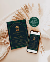 Classic Plaid Baby Shower Invitation, Bear Dark Green Blue Plaid Shower Invites, Vintage Baby Carriage Invite Bundle Editable Template P5