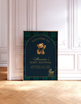 Classic Plaid Baby Shower Welcome Sign, Bear Dark Green Blue Plaid Shower, Vintage Baby Carriage, Polo Baby Shower, Editable Template P5