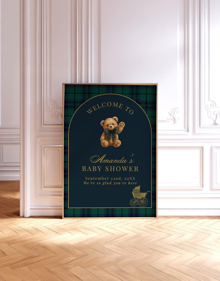 Classic Plaid Baby Shower Welcome Sign, Bear Dark Green Blue Plaid Shower, Vintage Baby Carriage, Polo Baby Shower, Editable Template P5