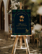 Classic Plaid Baby Shower Welcome Sign, Bear Dark Green Blue Plaid Shower, Vintage Baby Carriage, Polo Baby Shower, Editable Template P5