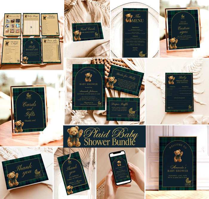 Classic Plaid Baby Shower Invite Bundle Dark Green + Blue Preppy Baby Shower Polo Teddy Bear Vintage Baby Carriage, Editable Template, P5