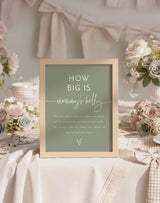 How Big is Mommy's Belly Sign | Boho Sage Green Baby Shower Game Sign 8x10 - Printed Sign by Wild Bloom Design Studio