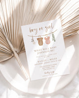 Gender Reveal Invitation with Envelopes | Modern Boy or Girl Baby Onesie Clothesline Theme - detail view