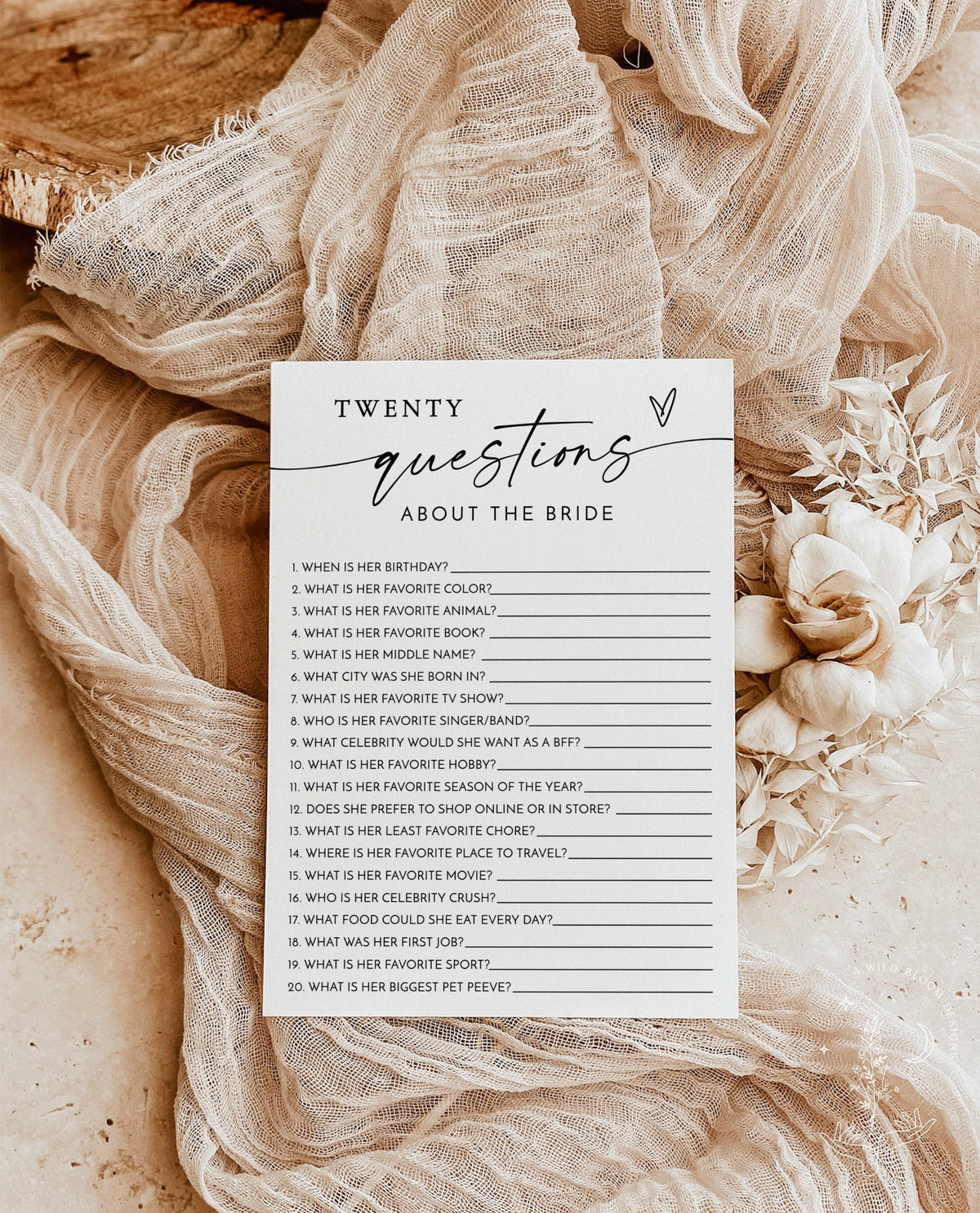 20 Questions About the Bride Bridal Shower Game | Minimalist Trivia