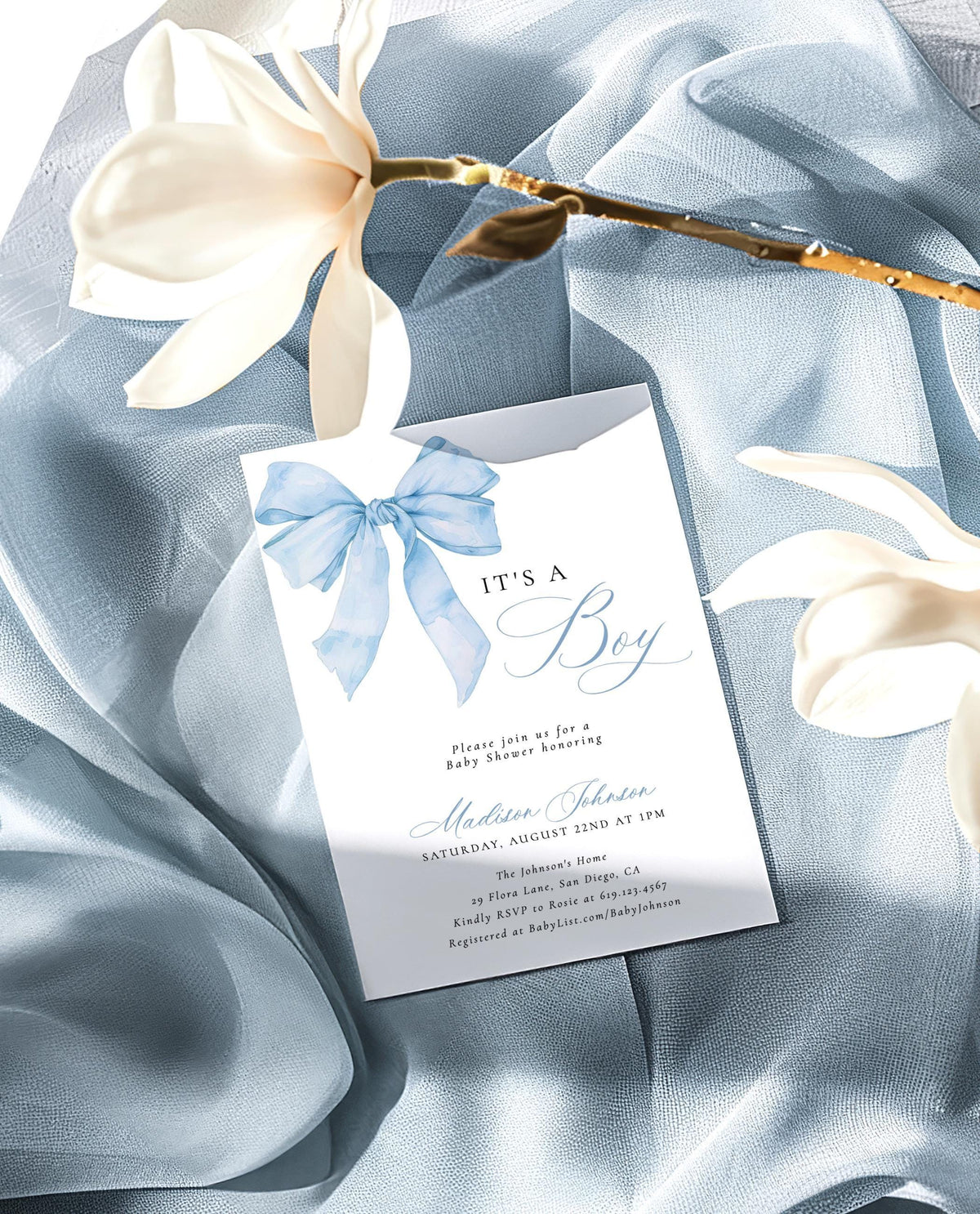 Dusty Blue Bow Baby Shower Invitation Bundle